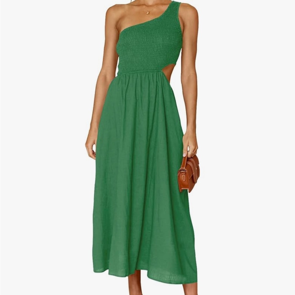 One shoulder smocked top midi sundress with cutout